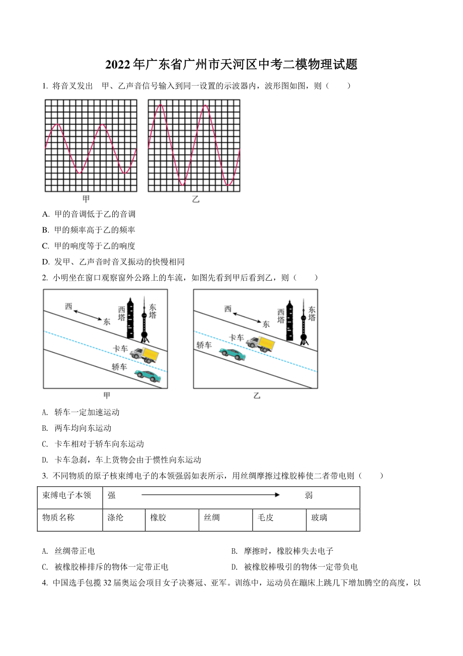 2022年广东省广州市天河区中考二模物理试卷（含答案解析）_第1页