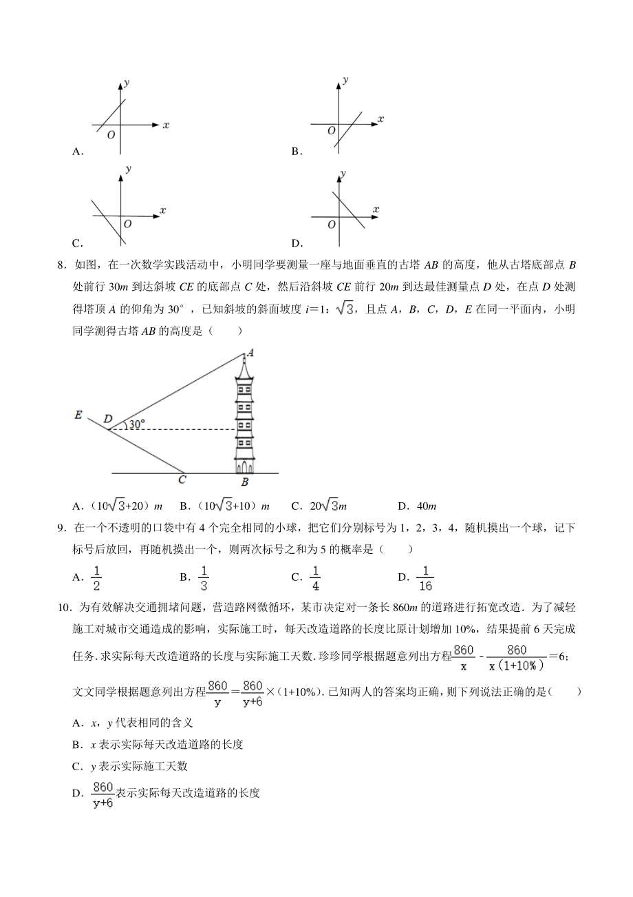 2022年湖南省长沙市中考数学考前最后一卷（含答案）_第2页