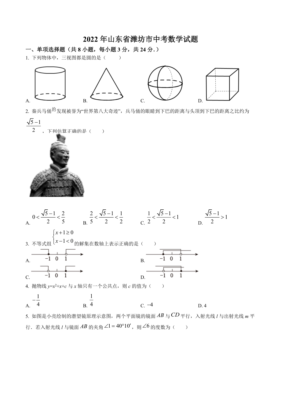 2022年山东省潍坊市中考数学试卷（含答案解析）_第1页