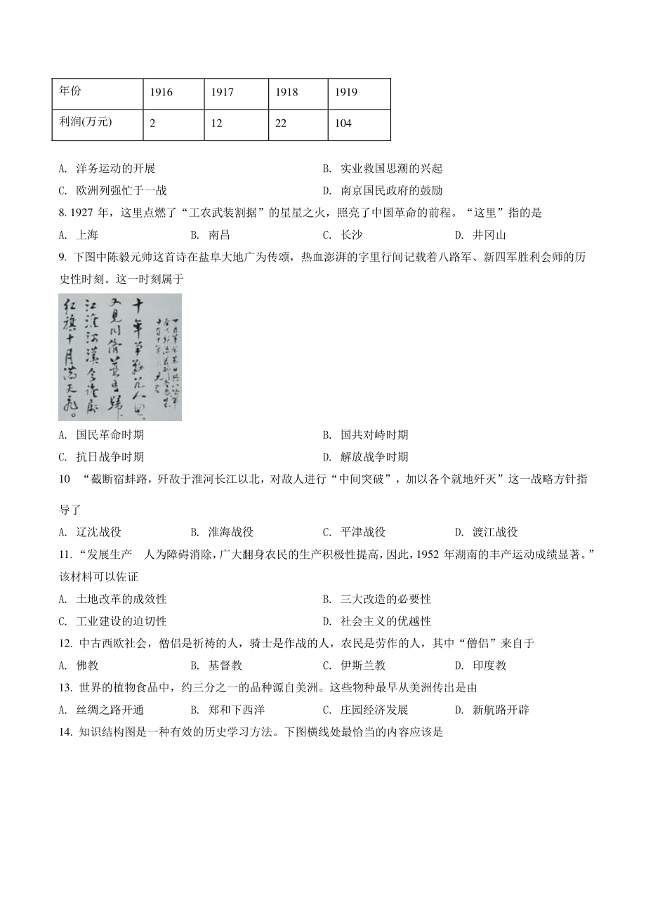 2022年江苏省盐城市中考历史试卷（含答案解析）_第2页