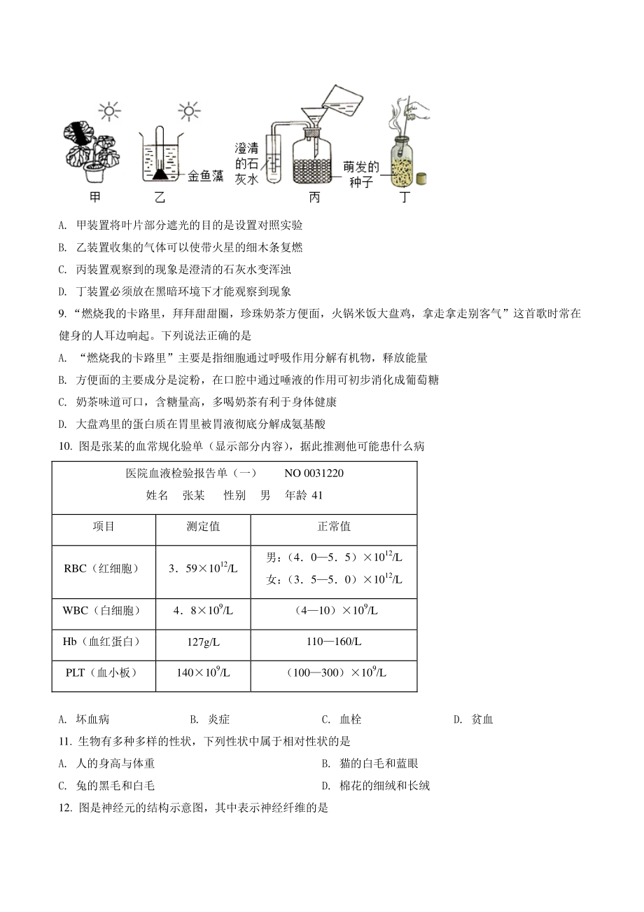 2022年四川省德阳市中考生物试卷（含答案解析）_第2页