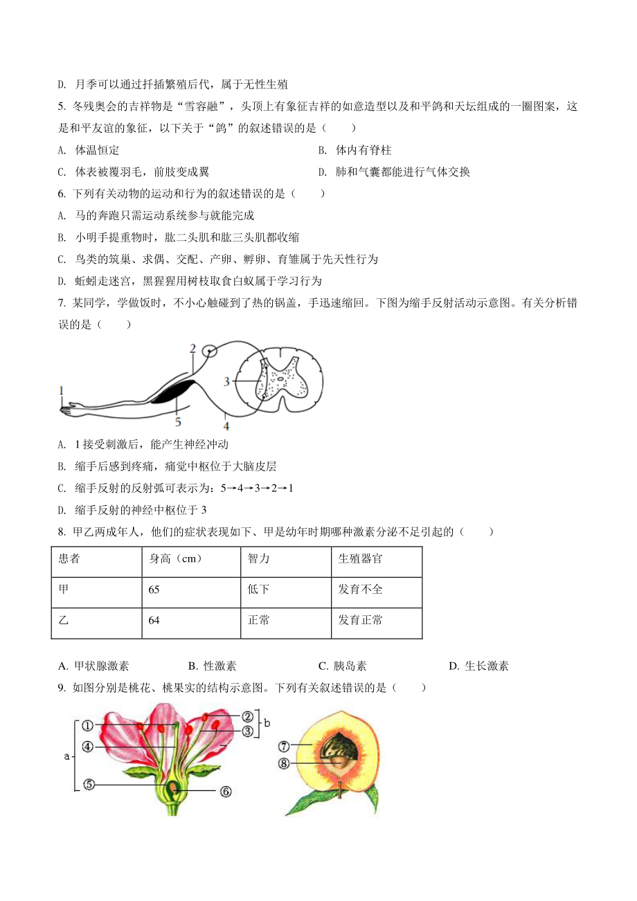 2022年山东省菏泽市中考生物试卷（含答案解析）_第2页