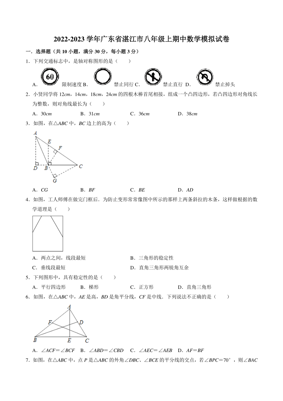广东省湛江市2022-2023学年八年级上期中数学模拟试卷（含答案解析）_第1页