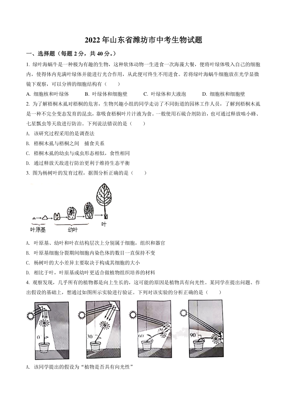2022年山东省潍坊市中考生物试卷（含答案解析）_第1页