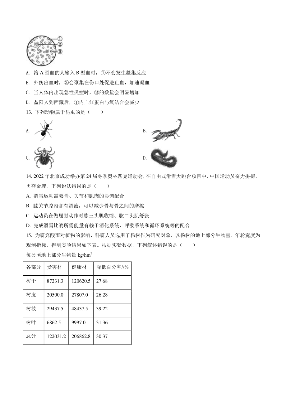 2022年湖南省益阳市中考生物试卷（含答案解析）_第3页