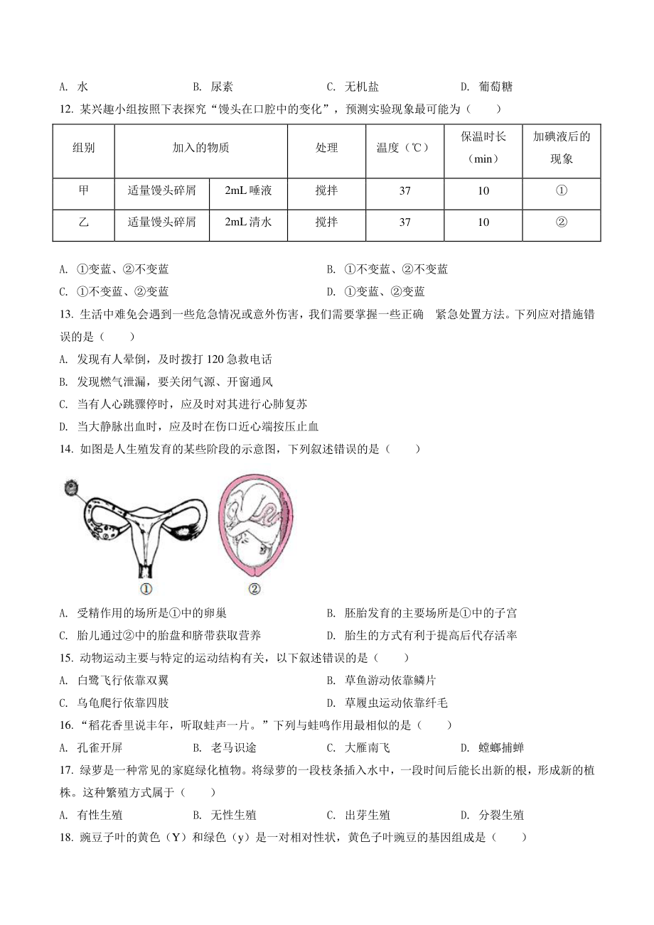 2022年广东省中考生物试卷（含答案解析）_第2页