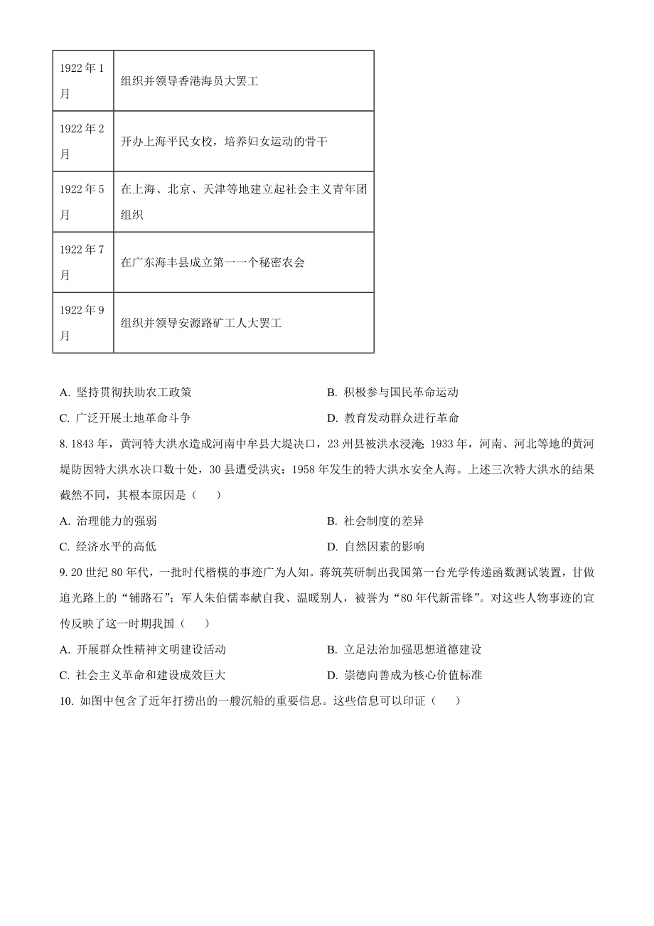 2022年天津市普通高中学业水平等级性考试历史试题（含答案解析）_第2页