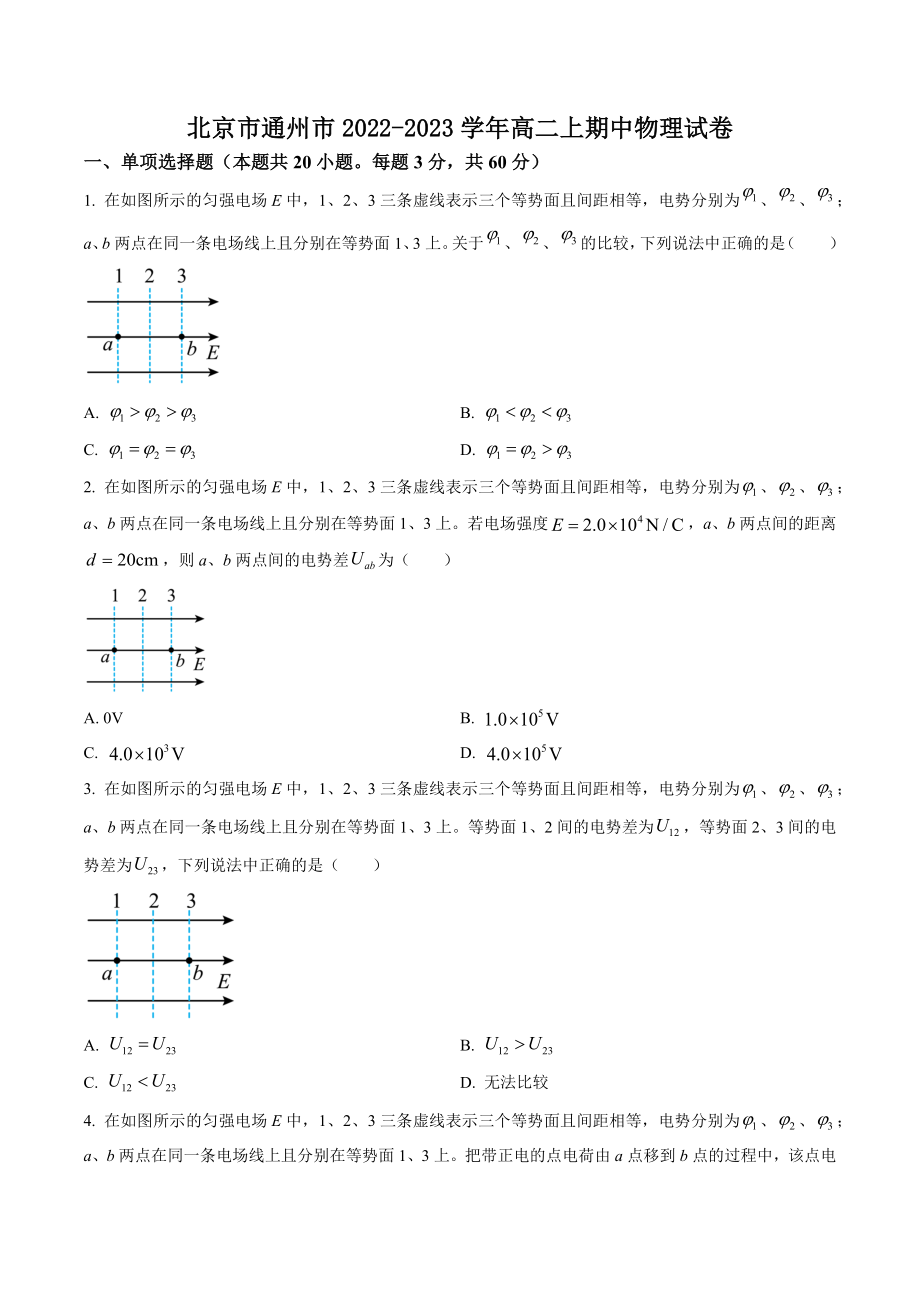 北京市通州市2022-2023学年高二上期中物理试卷（含答案解析）_第1页