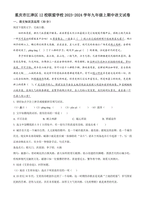 重庆市江津区12校联盟学校2023-2024学年九年级上期中语文试卷（含答案解析）