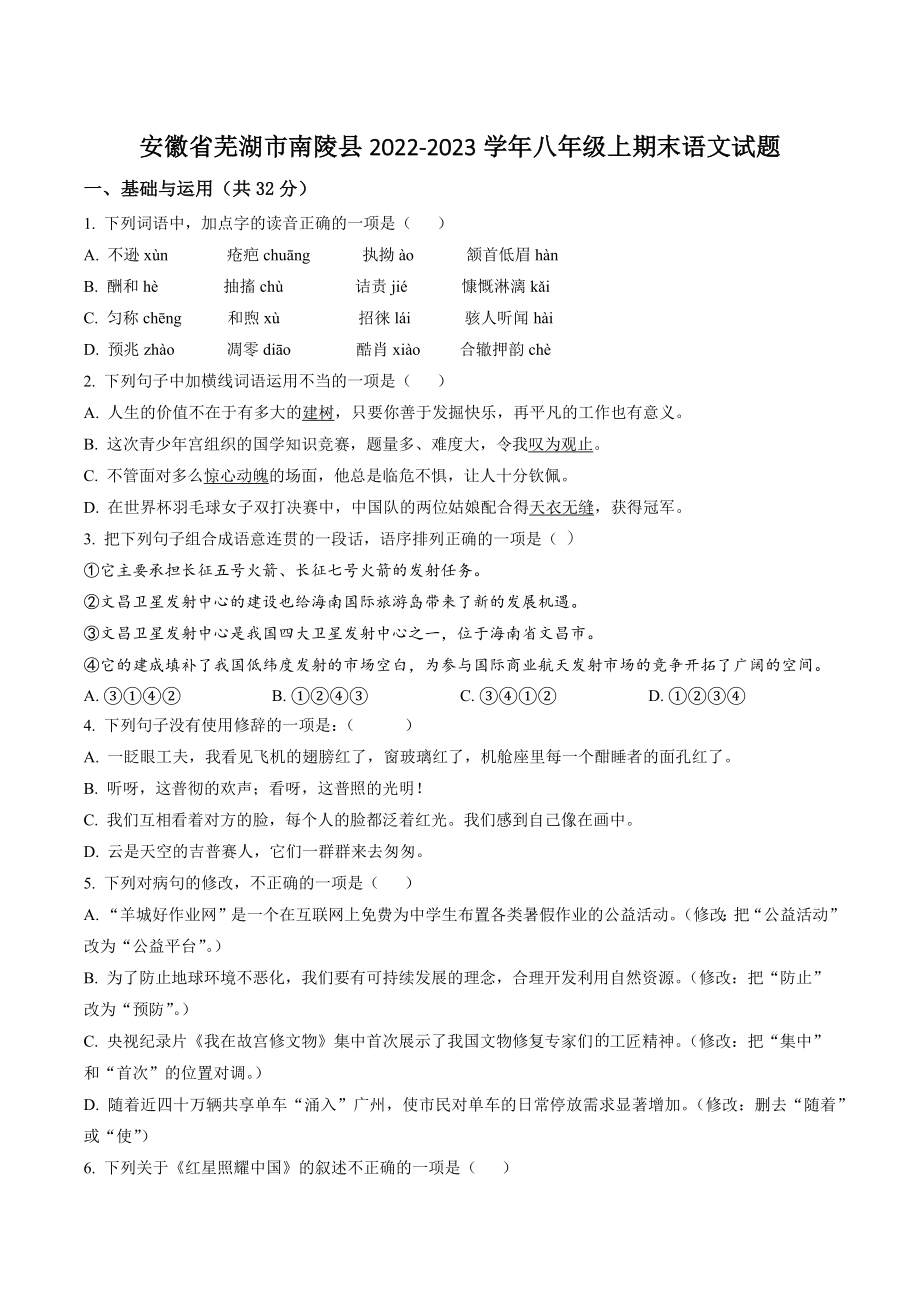 安徽省芜湖市南陵县2022-2023学年八年级上期末语文试卷（含答案解析）_第1页