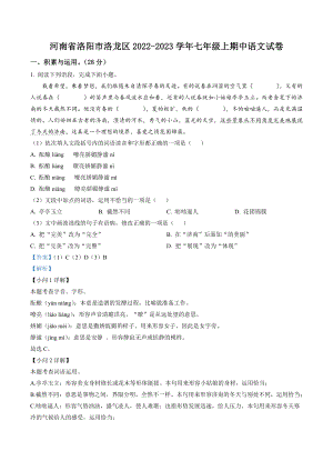 河南省洛阳市洛龙区2022-2023学年七年级上期中语文试卷（含答案解析）