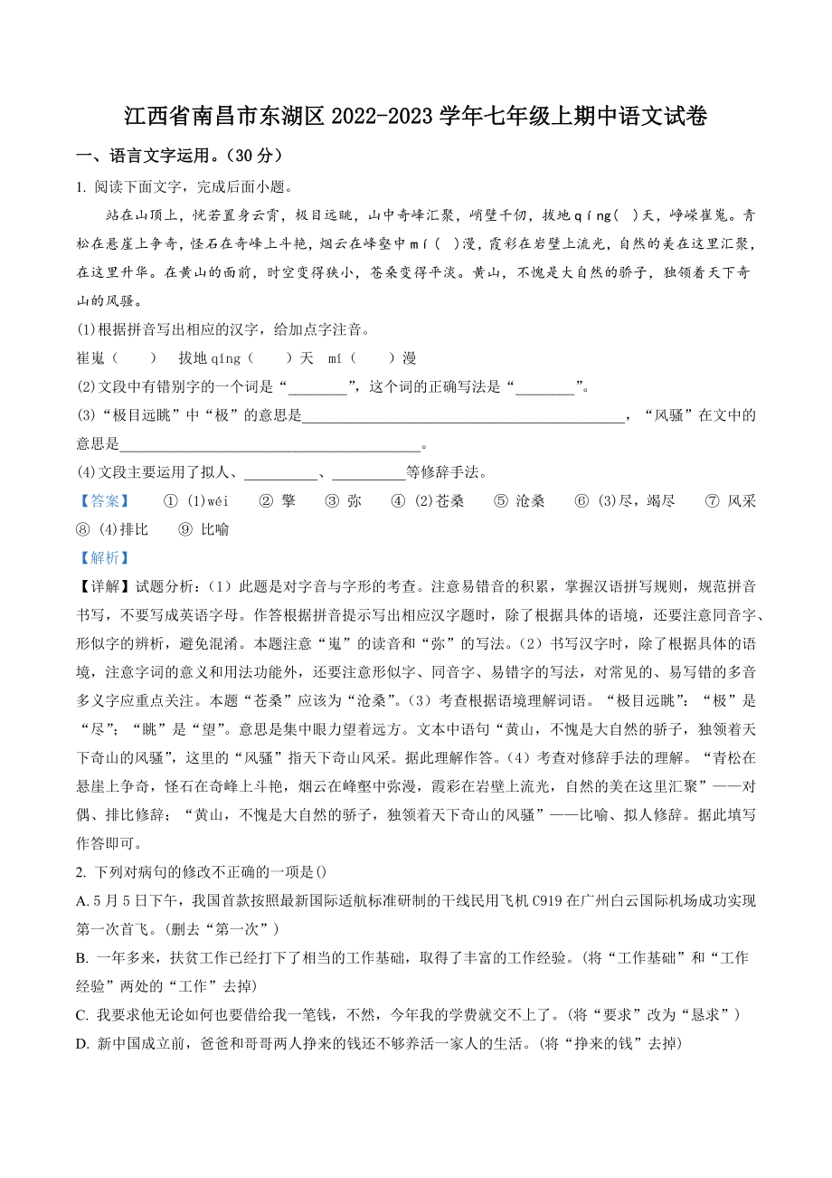 江西省南昌市东湖区2022-2023学年七年级上期中语文试卷（含答案解析）_第1页