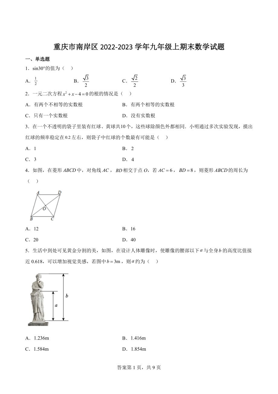 重庆市南岸区2022-2023学年九年级上期末数学试卷（含答案）_第1页