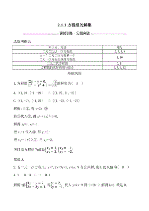 人教B版数学必修第一册2.1.3方程组的解集 课时练习（含答案）