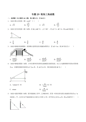 2023年浙江省中考数学一轮复习专题训练29：锐角三角函数（含答案解析）