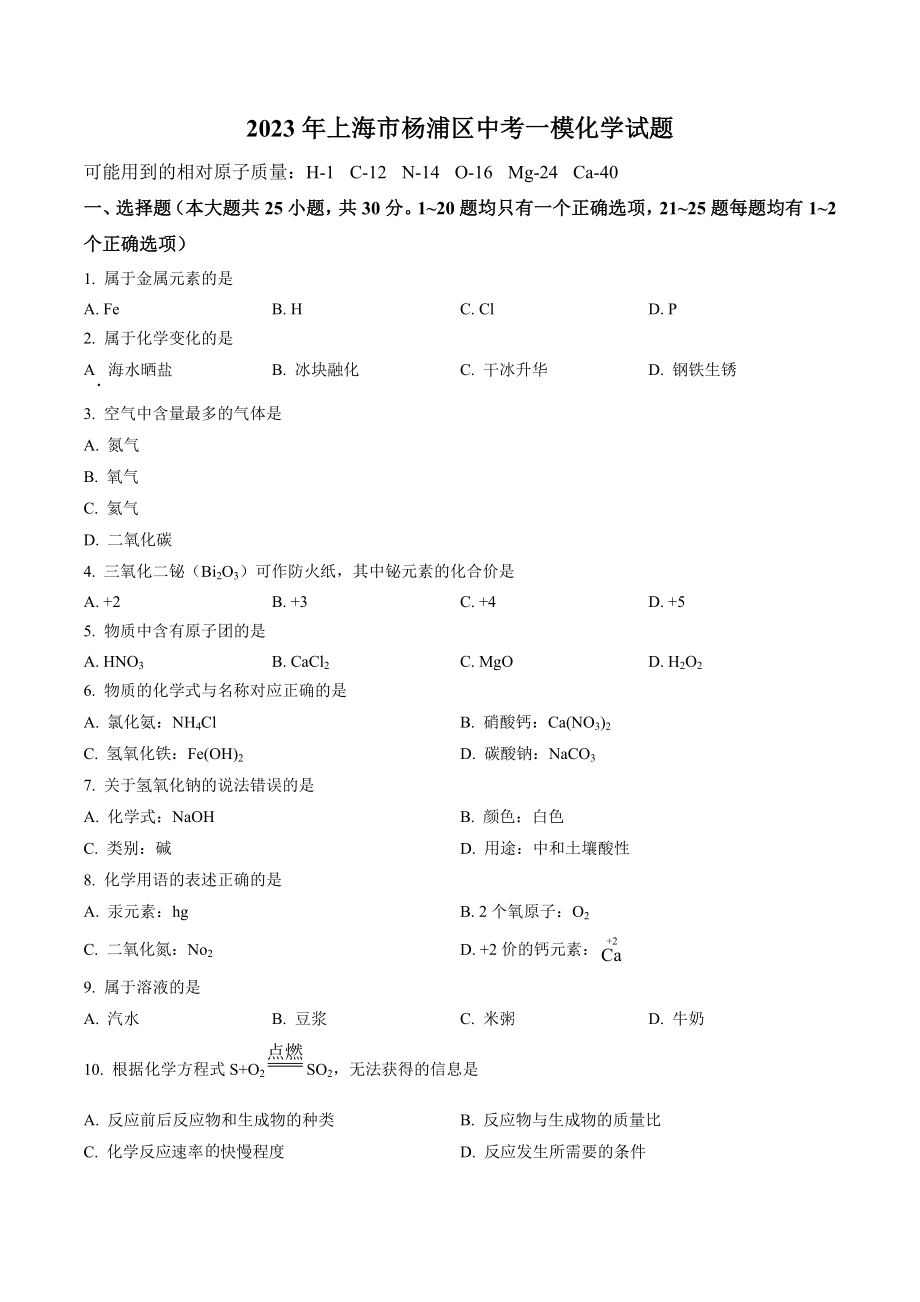2023年上海市杨浦区中考一模化学试卷（含答案解析）_第1页