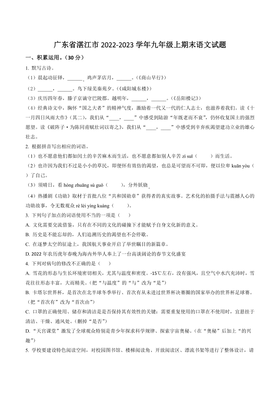 广东省湛江市2022-2023学年九年级上期末语文试卷（含答案解析）_第1页