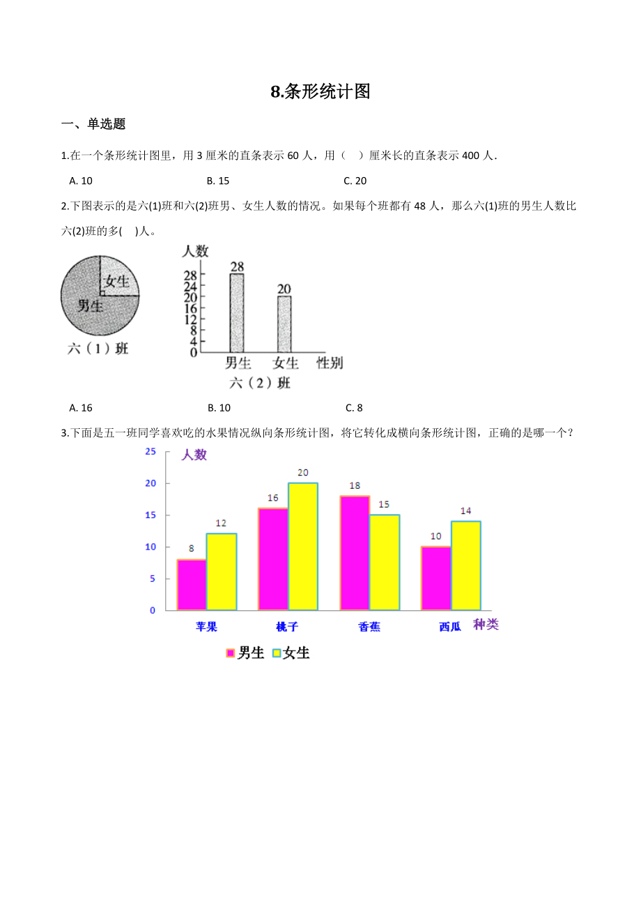 第8单元条形统计图 单元测试卷（含答案解析）北京版四年级数学上册_第1页