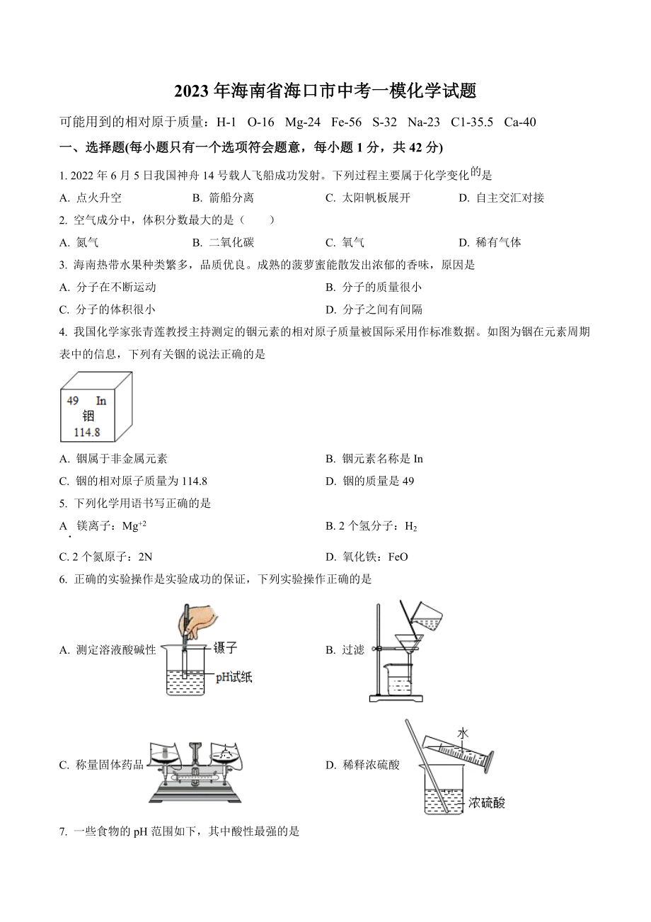 2023年海南省海口市中考一模化学试卷（含答案解析）_第1页