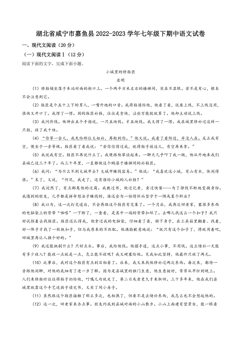 湖北省咸宁市嘉鱼县2022-2023学年七年级下期中语文试卷（含答案解析）_第1页