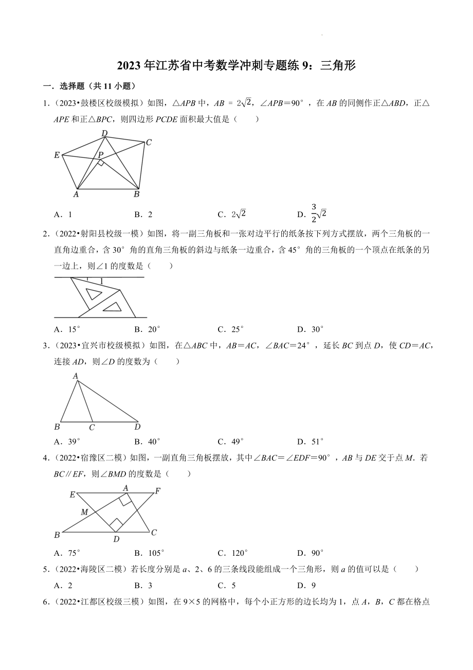 2023年江苏省中考数学冲刺专题训练9：三角形（含答案解析）_第1页