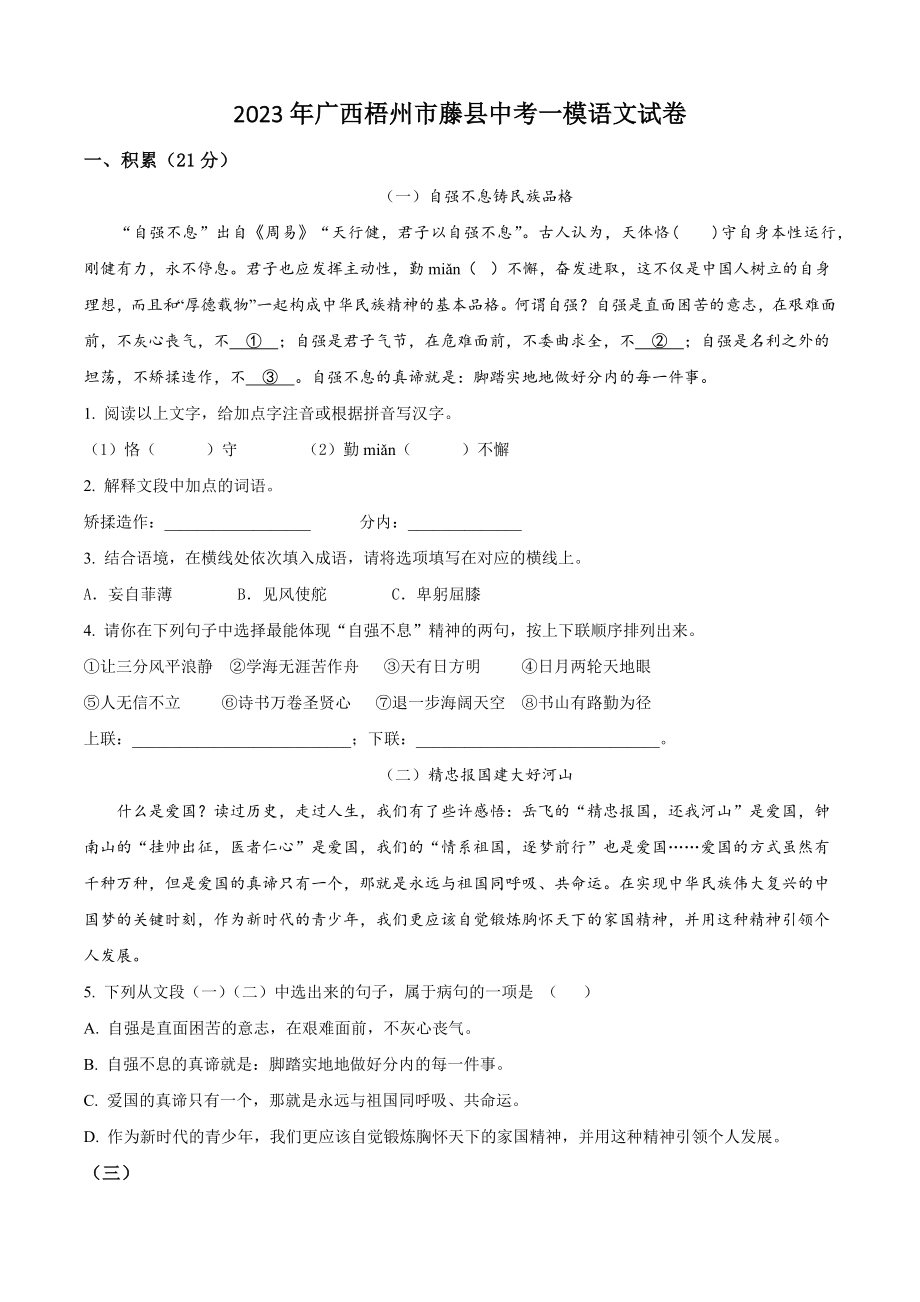 2023年广西梧州市藤县中考一模语文试卷（含答案解析）_第1页