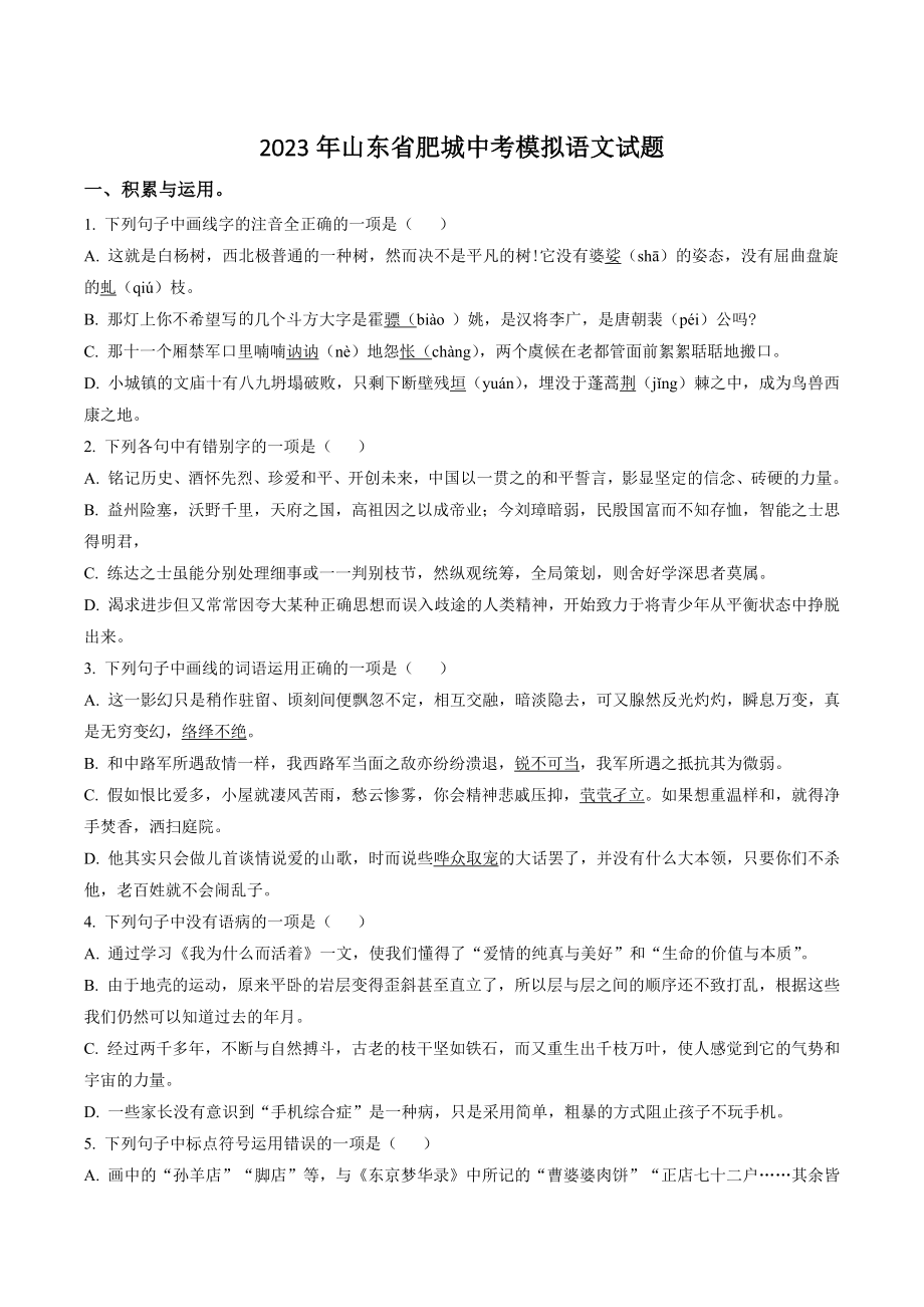 2023年山东省肥城中考模拟语文试卷（含答案解析）_第1页