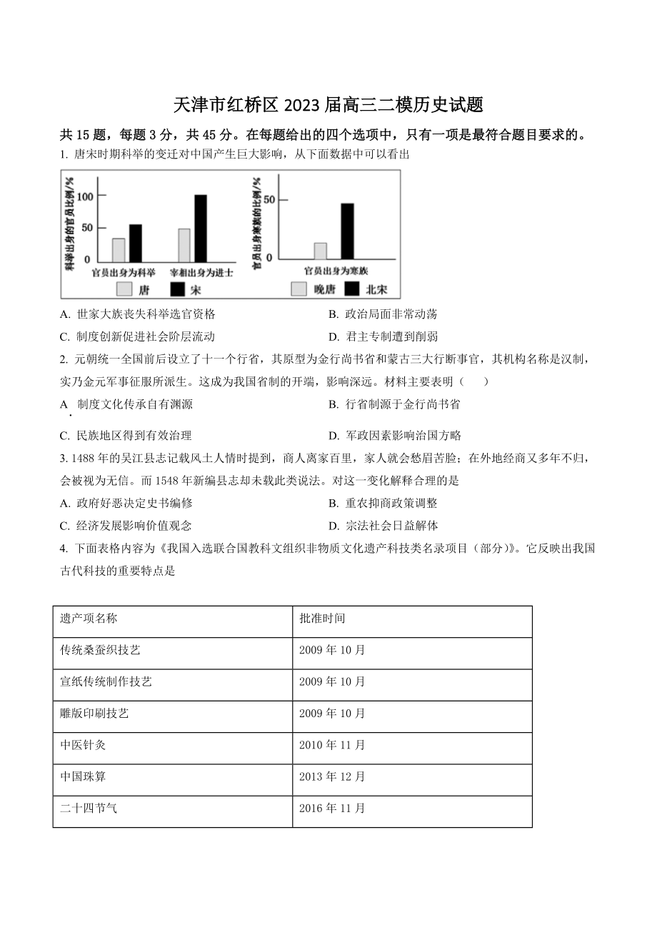 天津市红桥区2023届高三二模历史试卷（含答案解析）_第1页