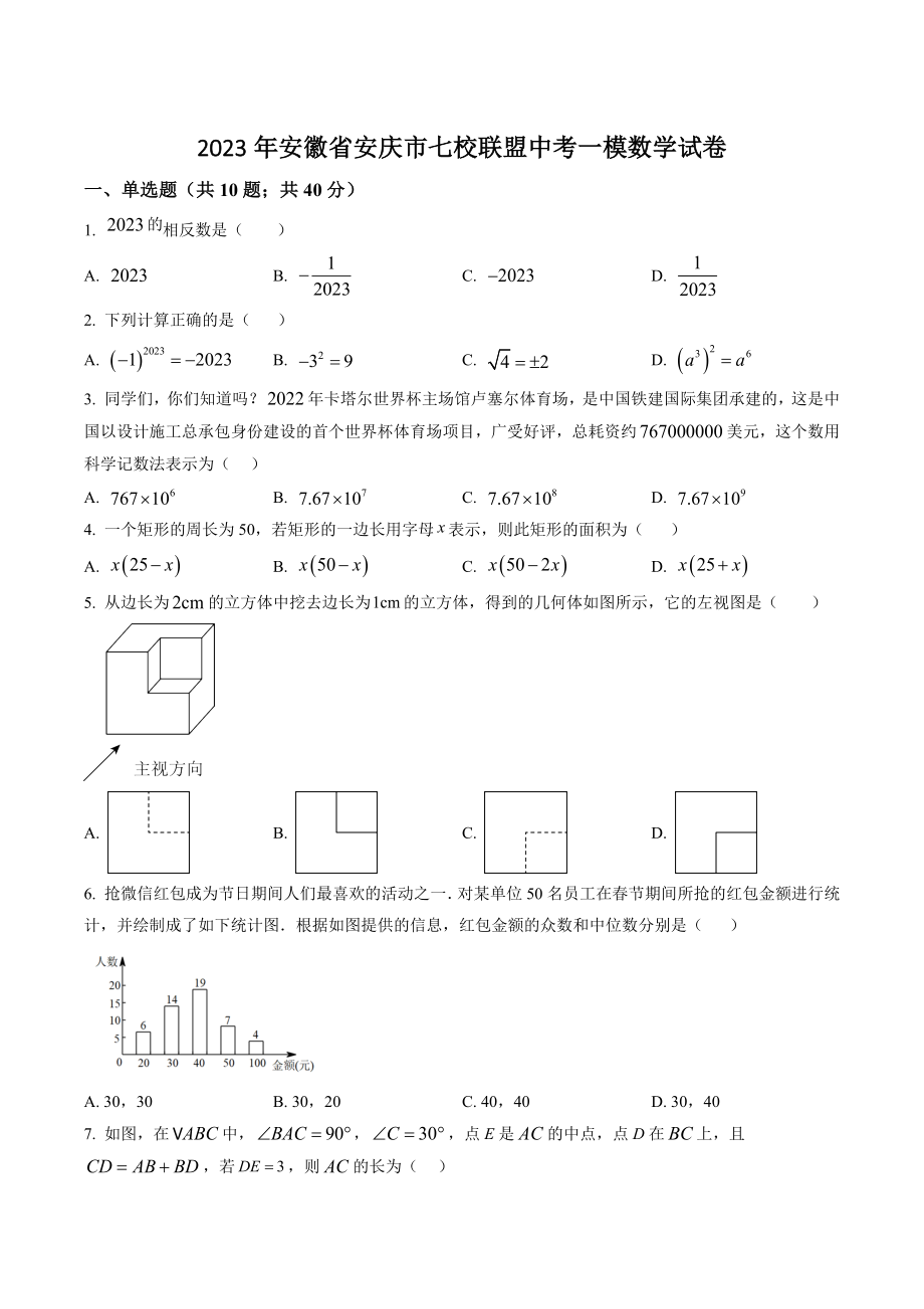 2023年安徽省安庆市七校联盟中考一模数学试卷（含答案解析）_第1页