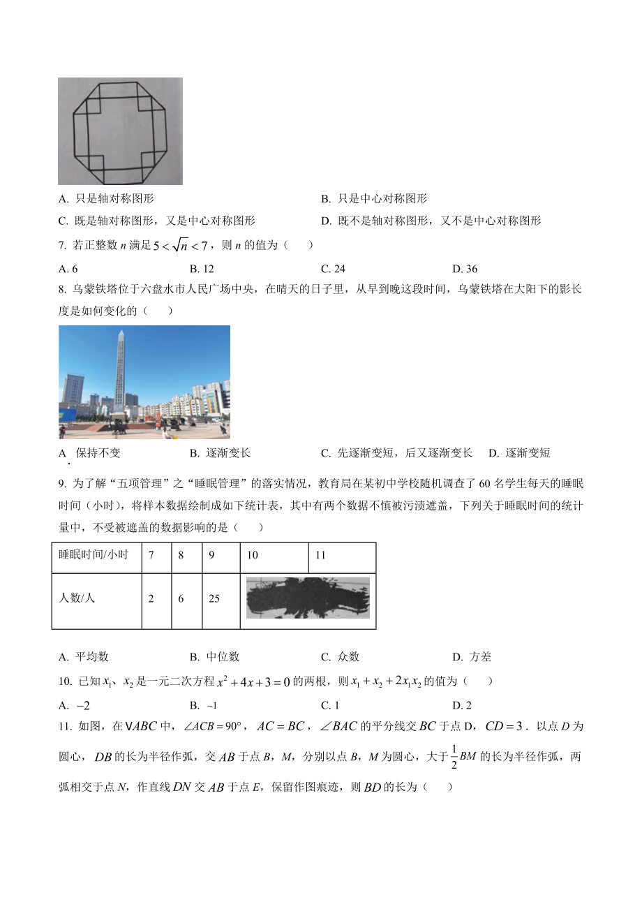 2023年贵州省六盘水中考二模数学试卷（含答案解析）_第2页