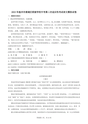 2023年浙江省温州市鹿城区联盟学校第三次中考适应性考试语文试卷（含答案）