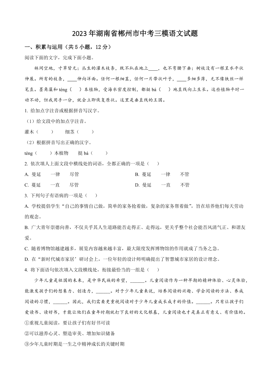 2023年湖南省郴州市中考三模语文试卷（含答案解析）_第1页