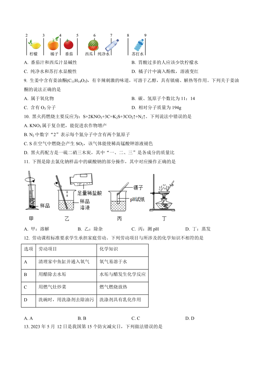 2023年江苏省扬州市仪征市中考二模化学试卷（含答案解析）_第2页