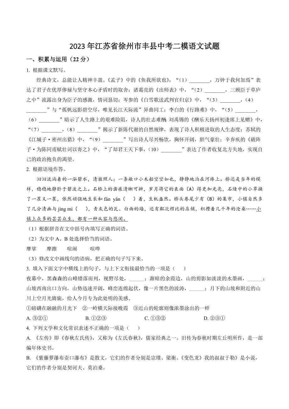2023年江苏省徐州市丰县中考二模语文试卷（含答案解析）_第1页