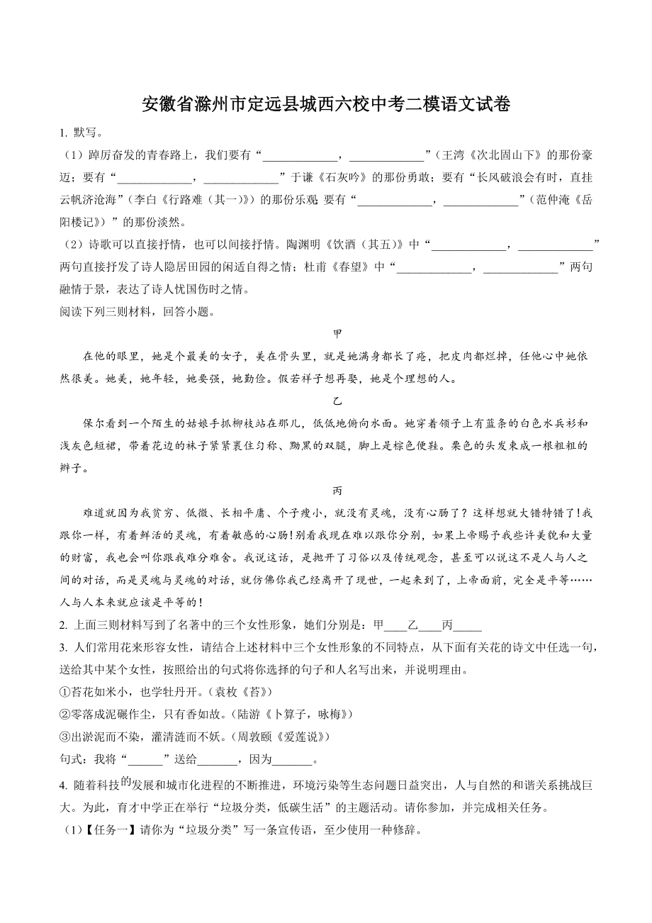 2023年安徽省滁州市定远县城西六校中考二模语文试卷（含答案解析）_第1页