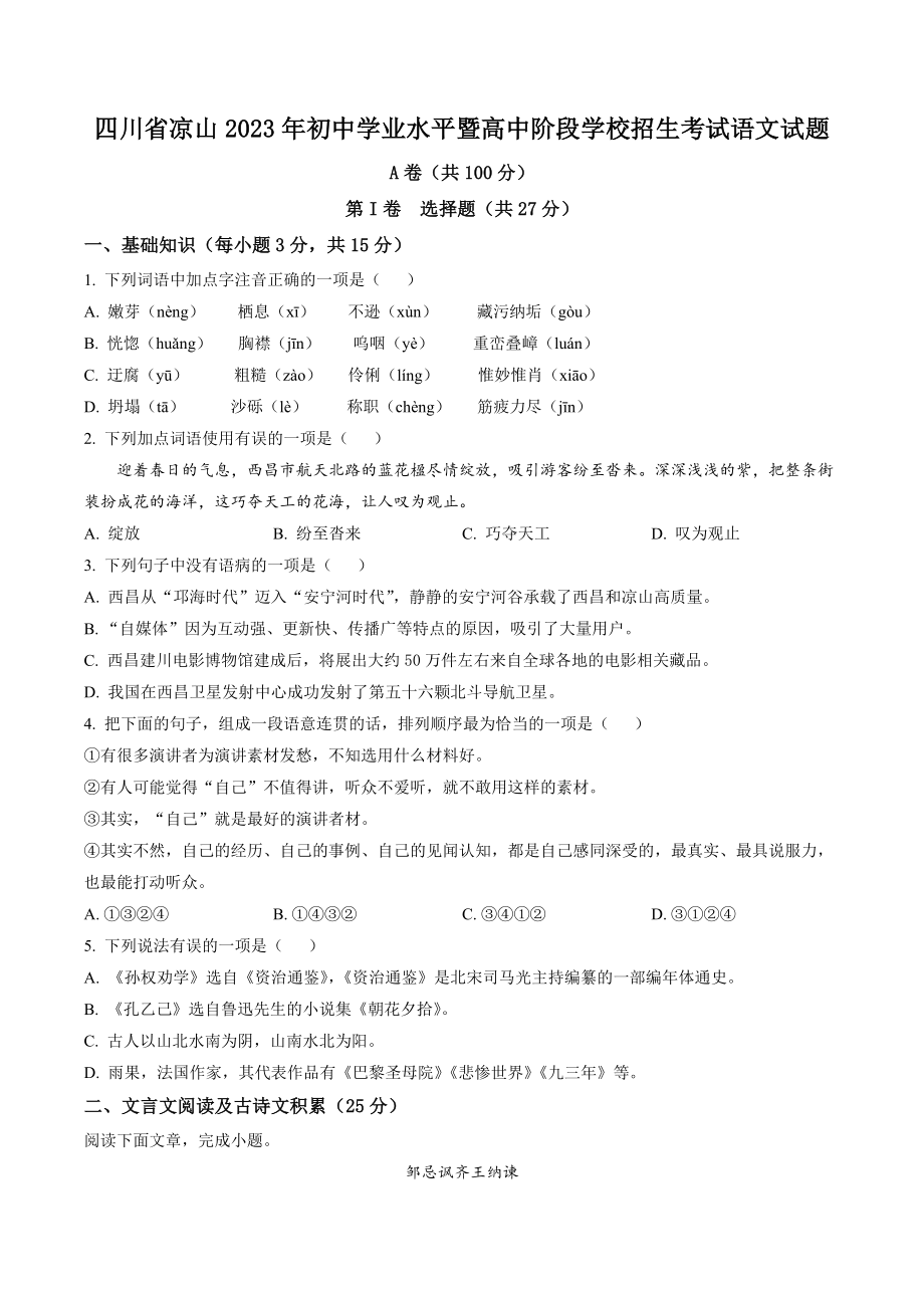 2023年四川省凉山中考语文试卷（含答案解析）_第1页