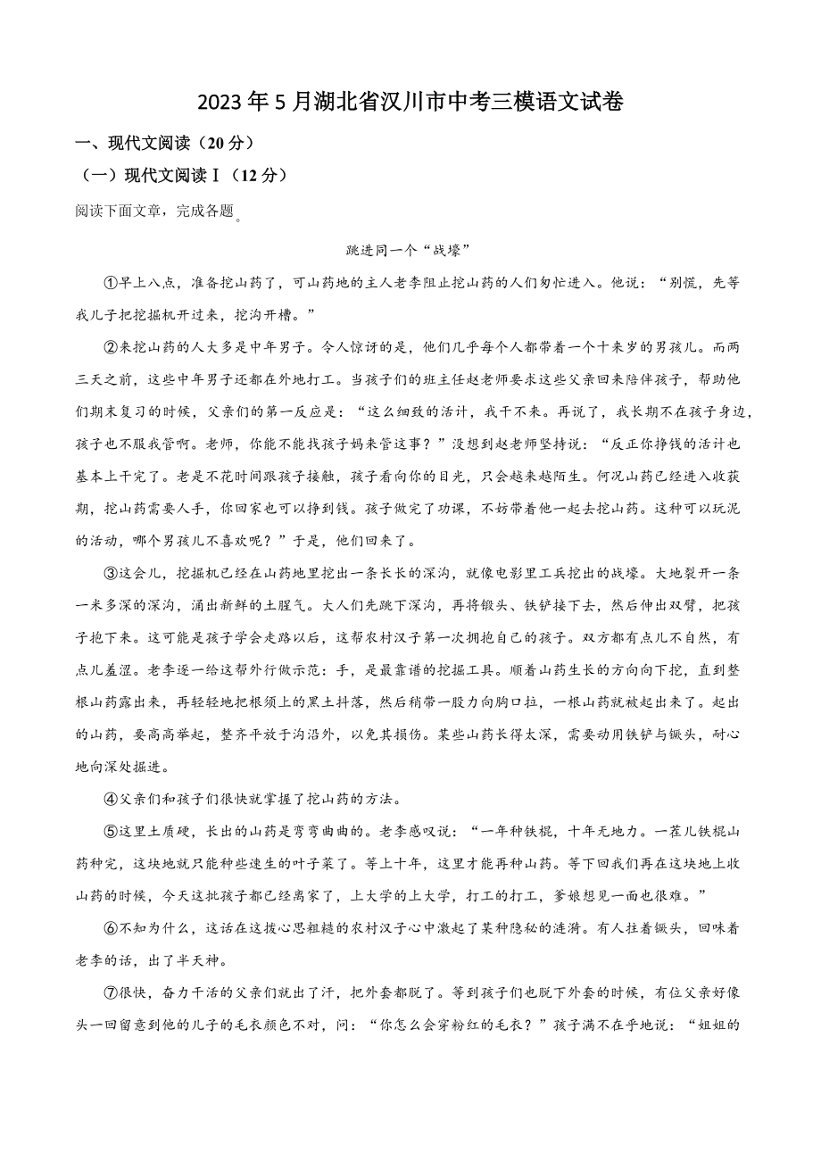 2023年5月湖北省汉川市中考三模语文试卷（含答案解析）_第1页