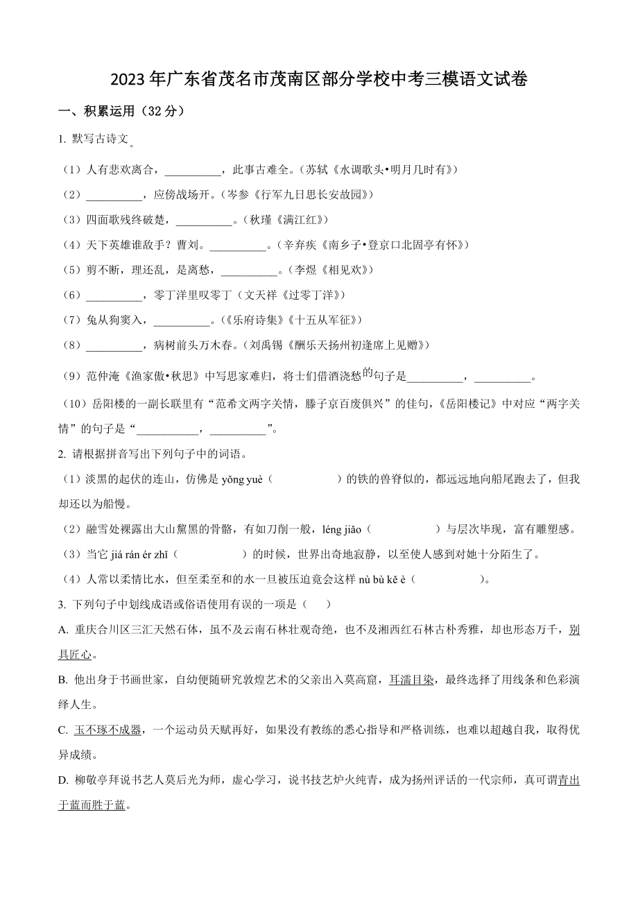2023年广东省茂名市茂南区部分学校中考三模语文试卷（含答案解析）_第1页