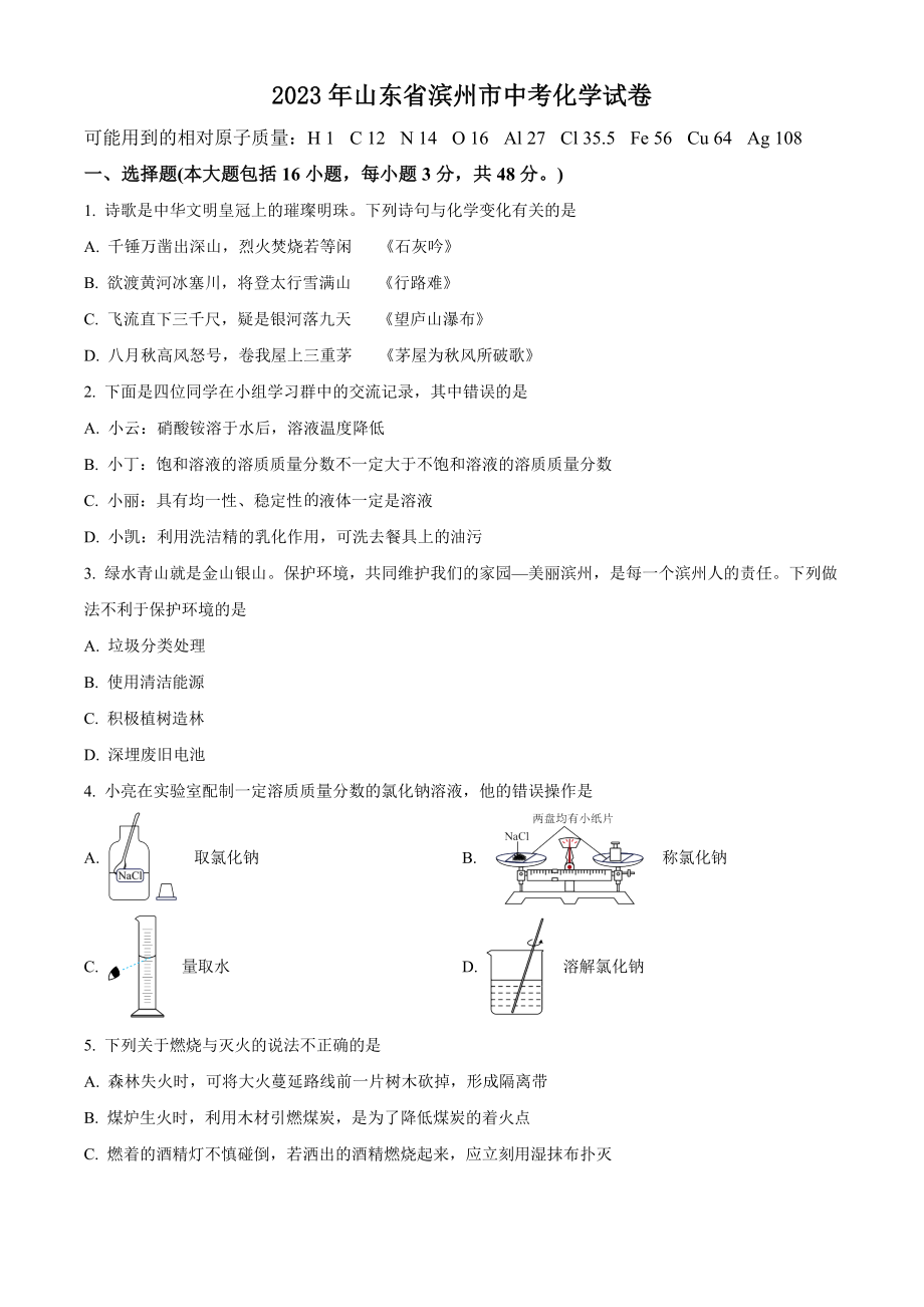 2023年山东省滨州市中考化学试卷（含答案）_第1页