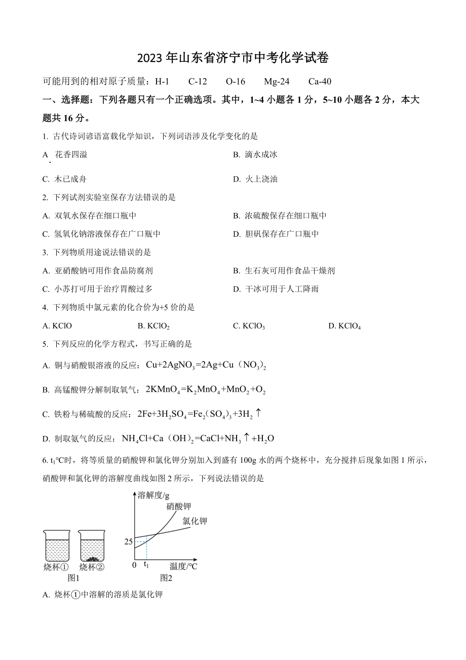 2023年山东省济宁市中考化学试卷（含答案）_第1页