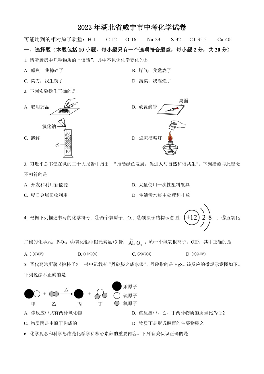 2023年湖北省咸宁市中考化学试卷（含答案解析）_第1页