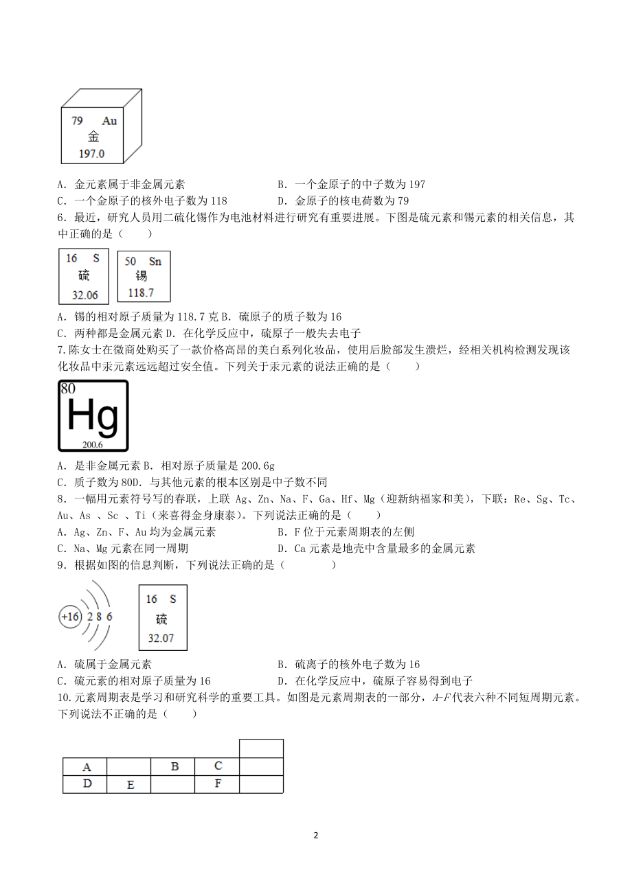 2023年浙教版八年级下科学专题训练：表示元素的符号（含答案）_第2页
