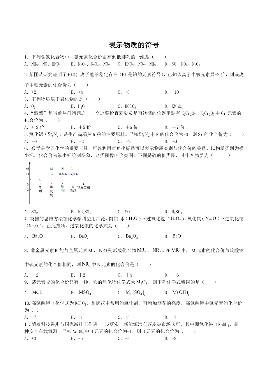 2023年浙教版八年级下科学专题训练：表示物质的符号（含答案）_第1页