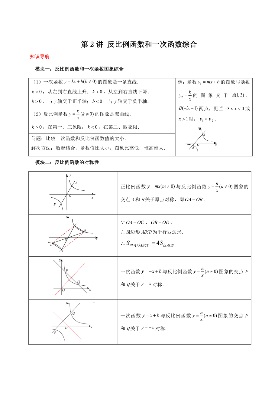 初三下册数学直升班培优讲义：第2讲 反比例函数和一次函数综合（含答案）_第1页