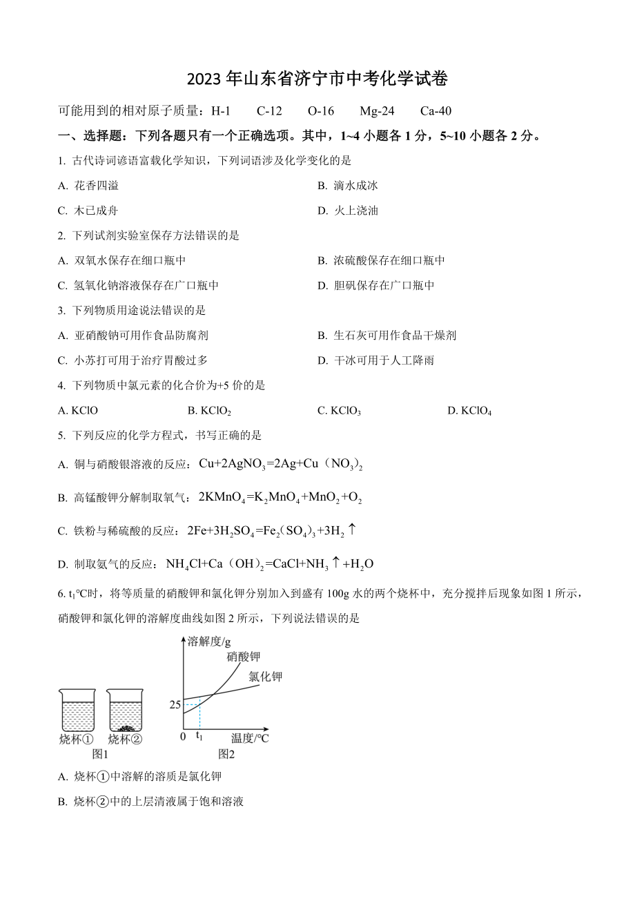 2023年山东省济宁市中考化学试卷（含答案解析）_第1页