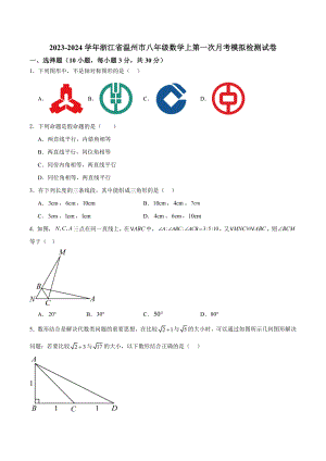 2023-2024学年浙江省温州市八年级数学上第一次月考模拟检测试卷（含答案解析）