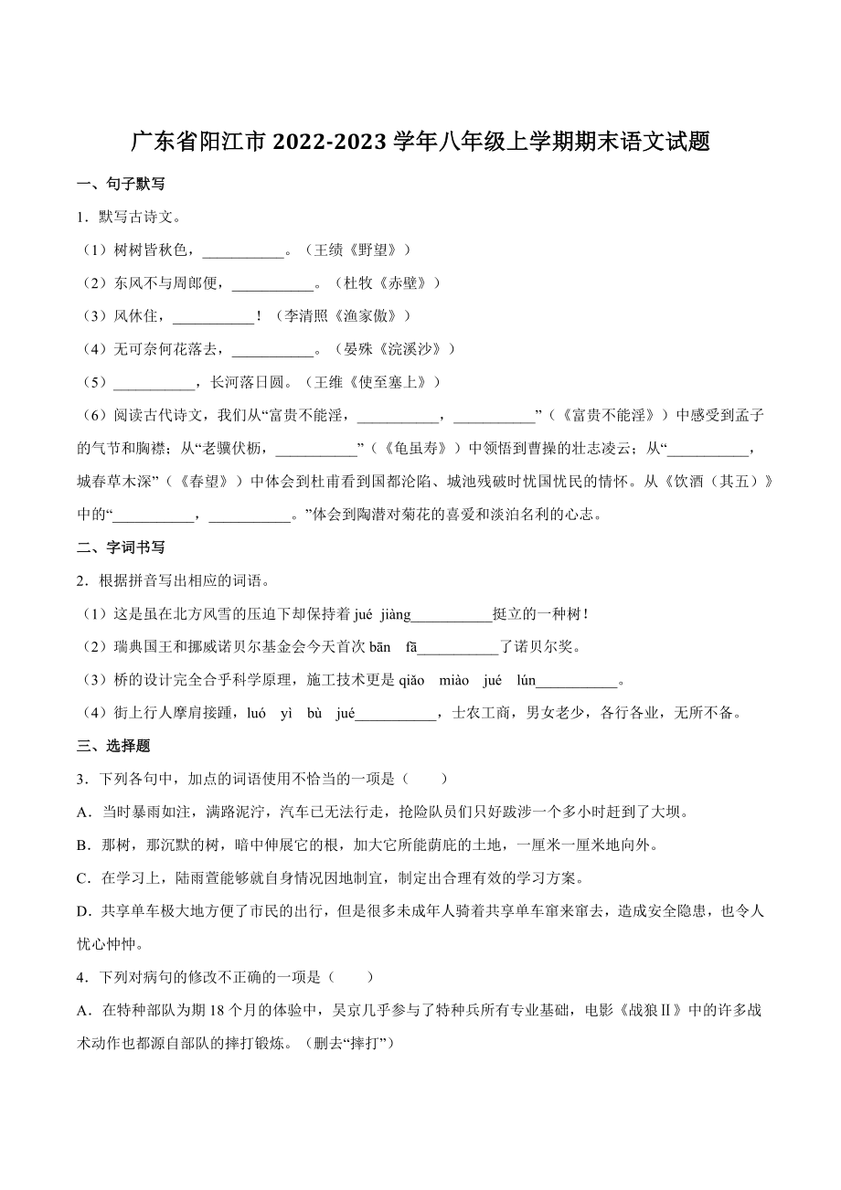 广东省阳江市2022-2023学年八年级上期末语文试卷（含答案）_第1页