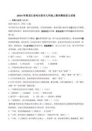 2024年黑龙江省哈尔滨市九年级上期末模拟语文试卷（含答案）