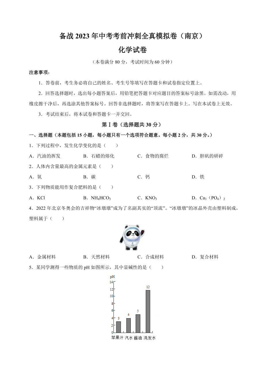 2023年江苏省南京市中考化学考前冲刺模拟试卷（含答案解析）_第1页