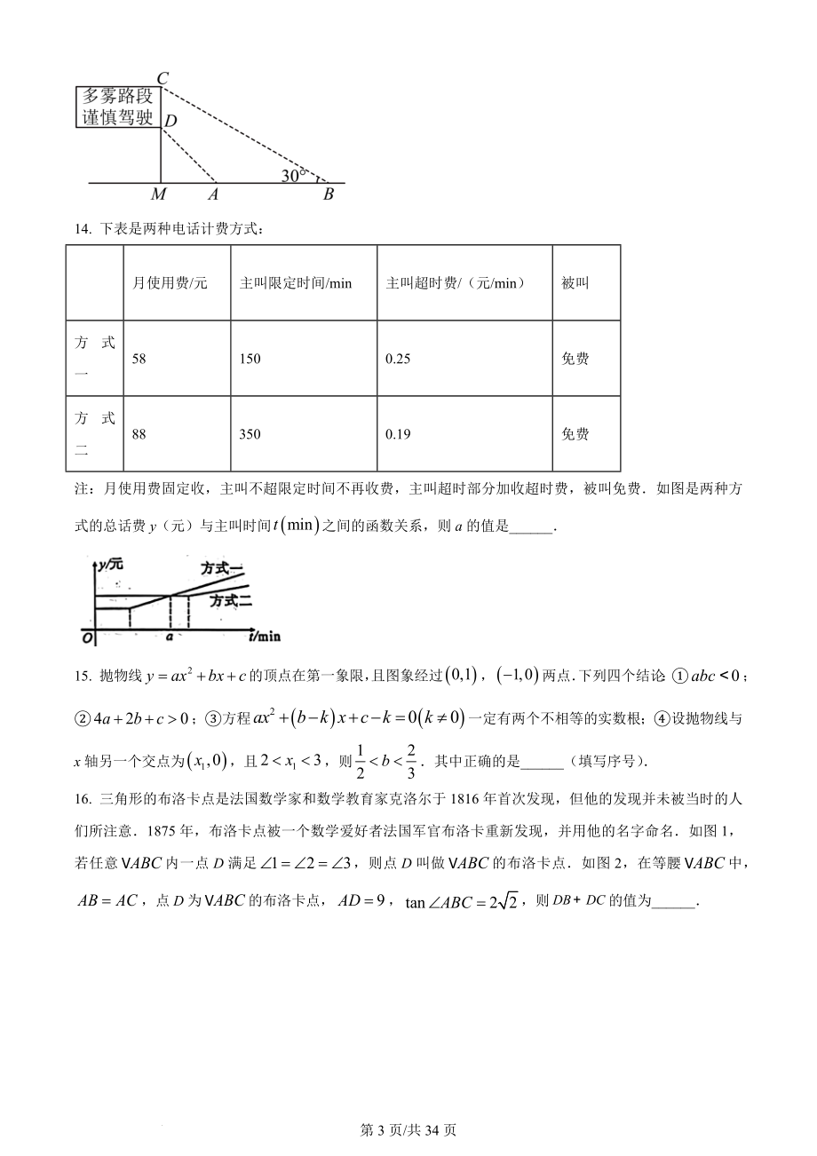 2024年湖北省武汉市中考一模数学试卷（含答案解析）_第3页